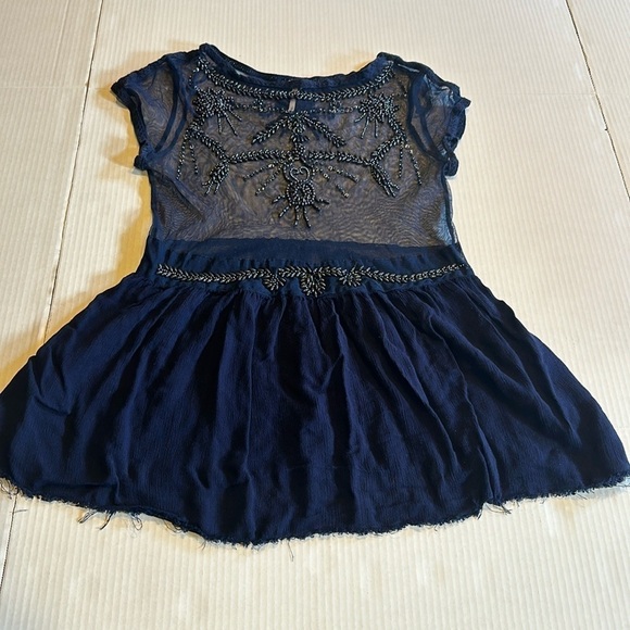 Free People Tops - Free people embroidered navy blue top with sequin & beaded design front & back